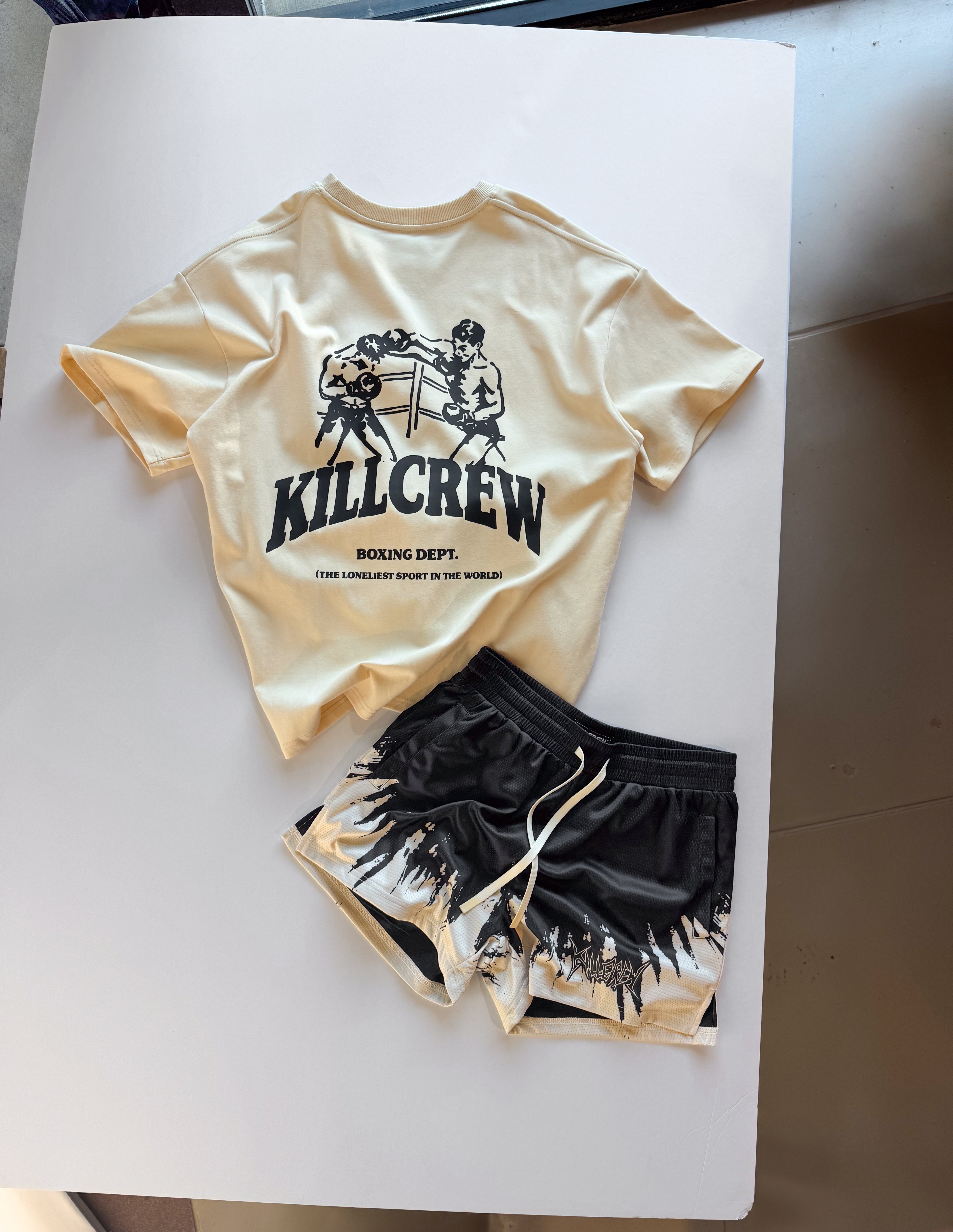 RELAXED FIT NATURAL COTTON BOXING DEPARTMENT T-SHIRT - CREAM / BLACK