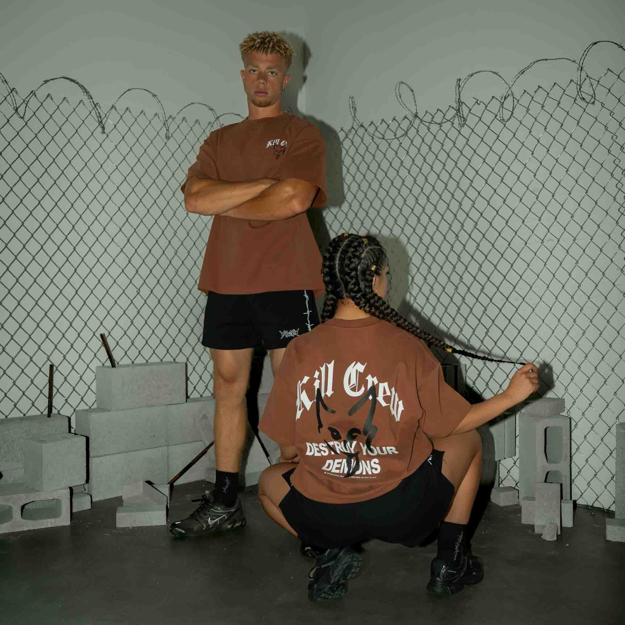 RELAXED FIT NATURAL COTTON "DESTROY" T-SHIRT - BROWN