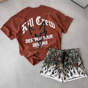 RELAXED FIT NATURAL COTTON "DESTROY" T-SHIRT - BROWN