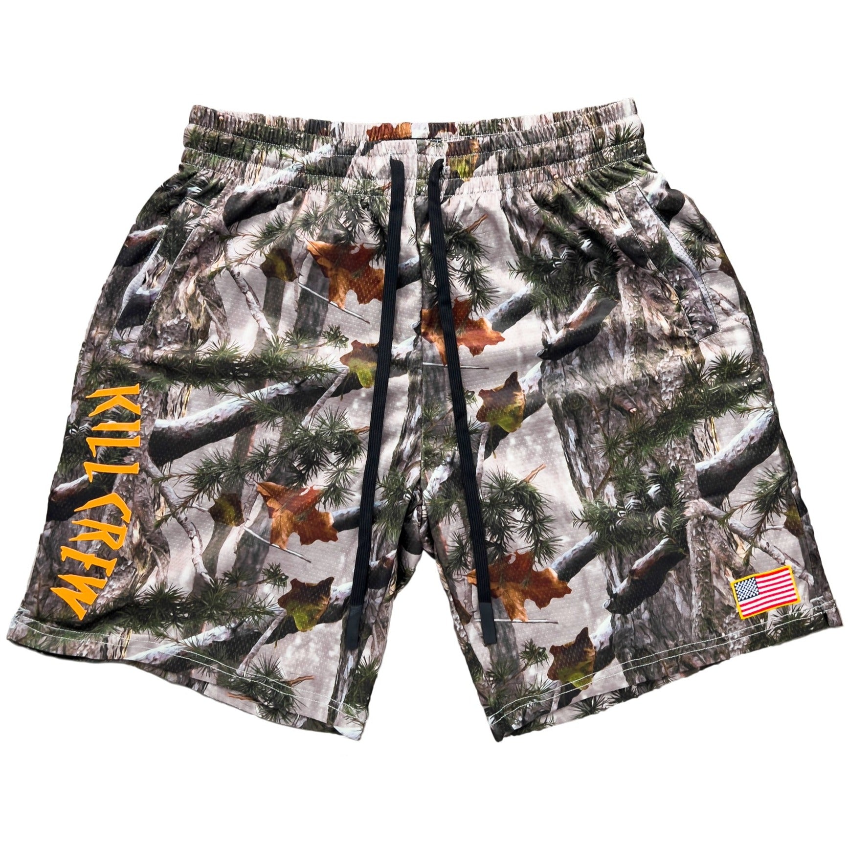 RELAXED CUT EMBROIDERED FLAG SHORTS - CAMO / ORANGE