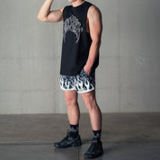 MUAY THAI SHORTS (MID THIGH CUT) BANDANA FLAME - BLACK / WHITE