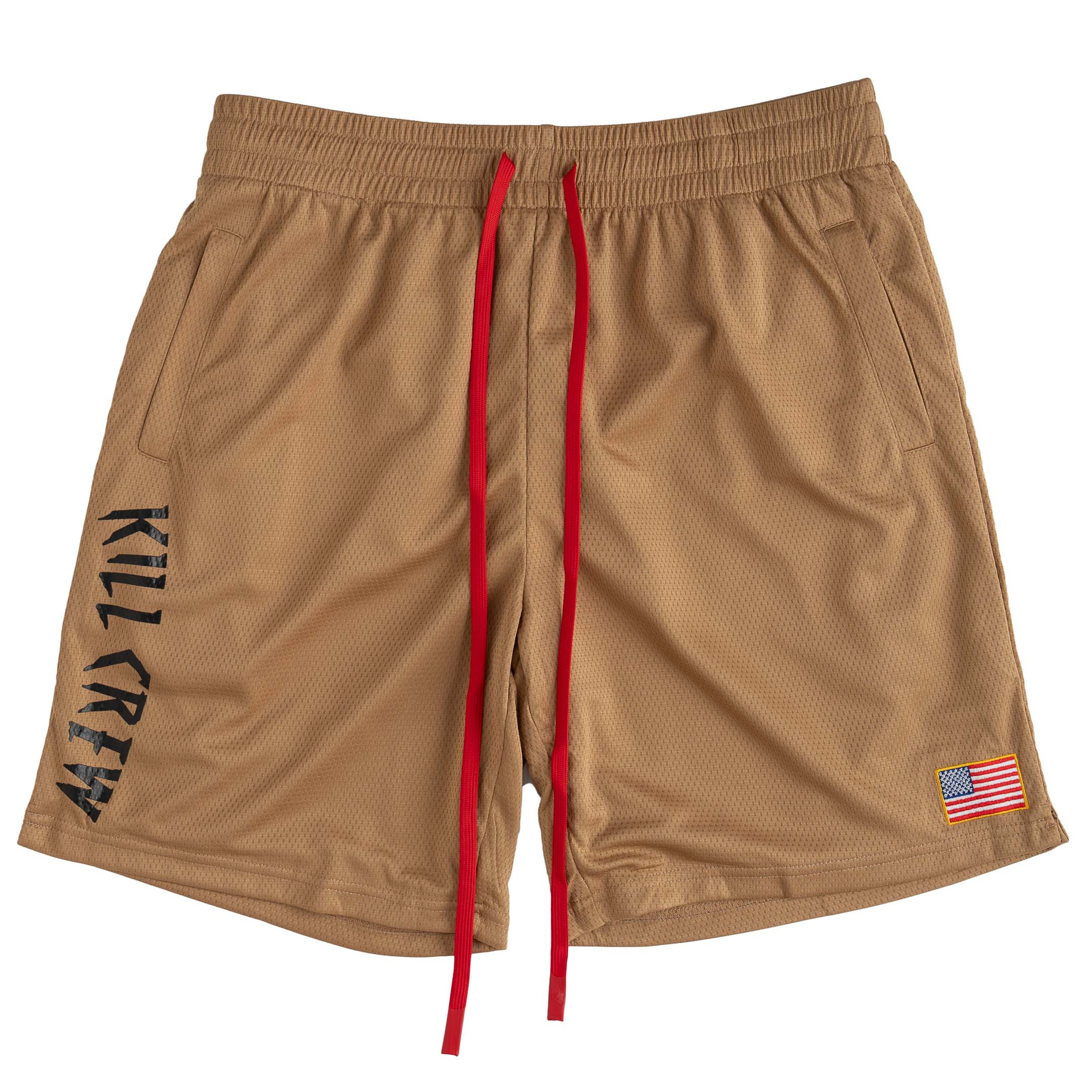 RELAXED CUT EMBROIDERED FLAG SHORTS - SAND