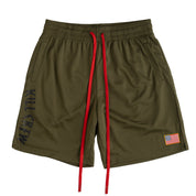RELAXED CUT EMBROIDERED FLAG SHORTS - OLIVE