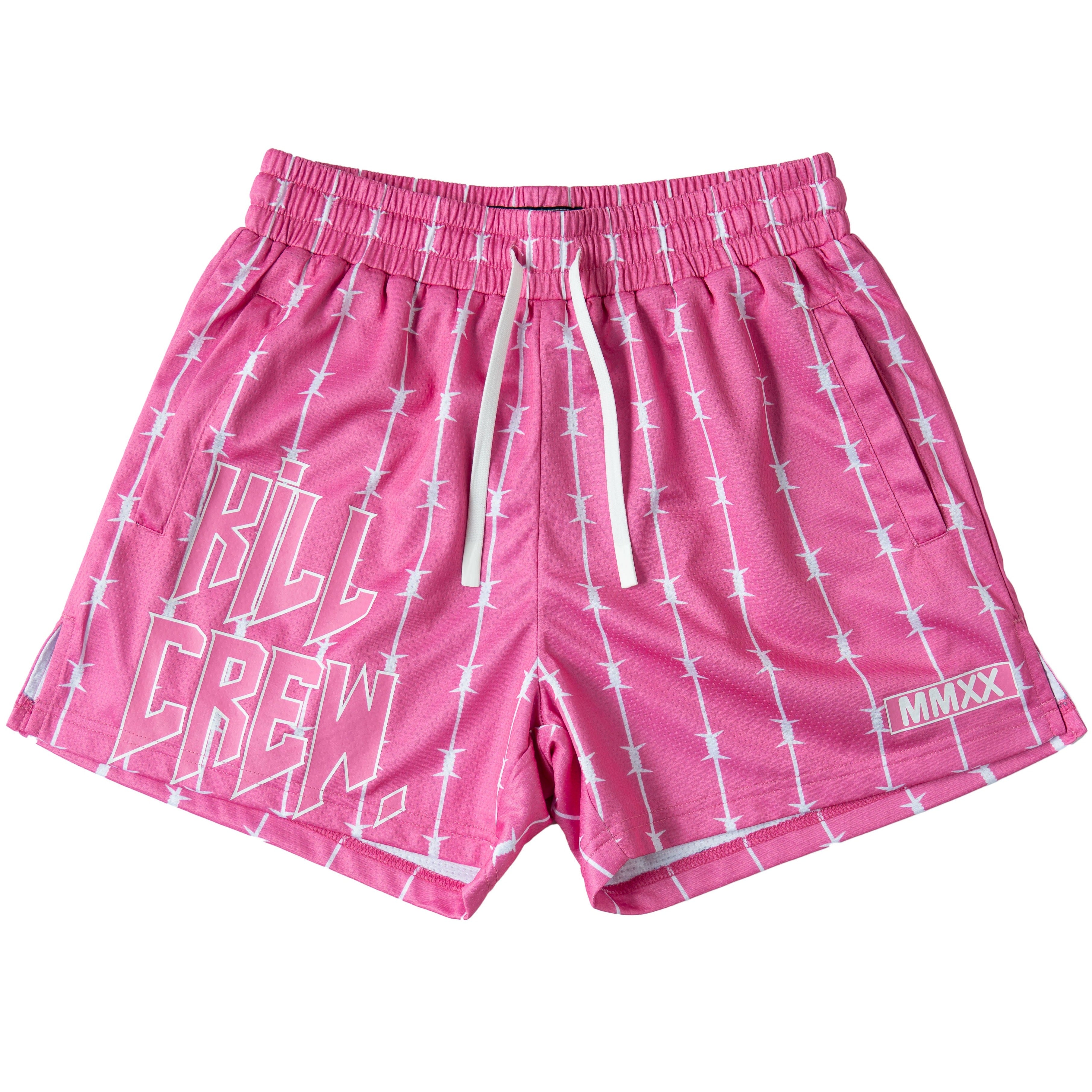 BARBWIRE MUAY THAI SHORTS (MID THIGH CUT) - PINK / WHITE