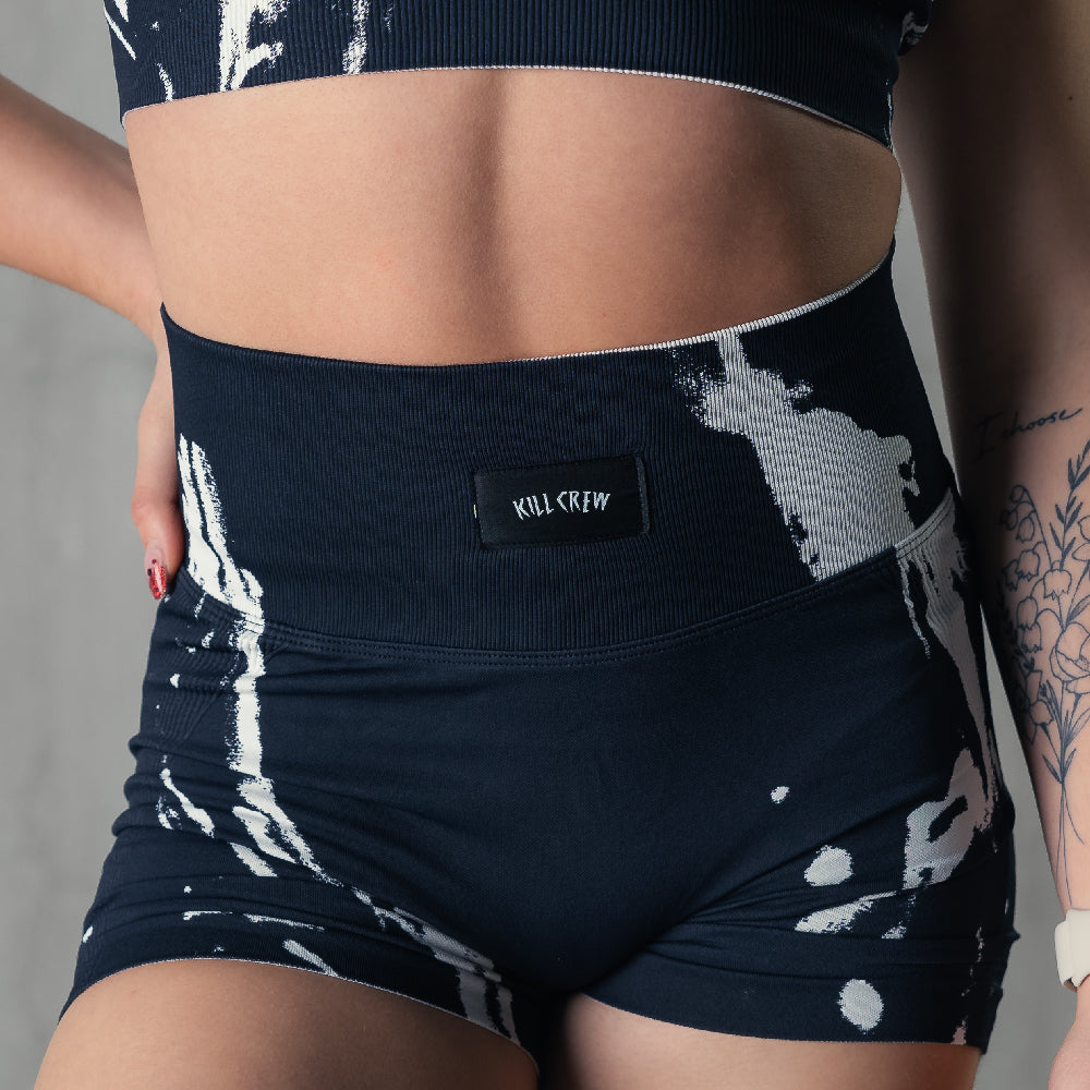 SEAMLESS SPLATTER BIKER SHORTS - BLACK / WHITE – Kill Crew