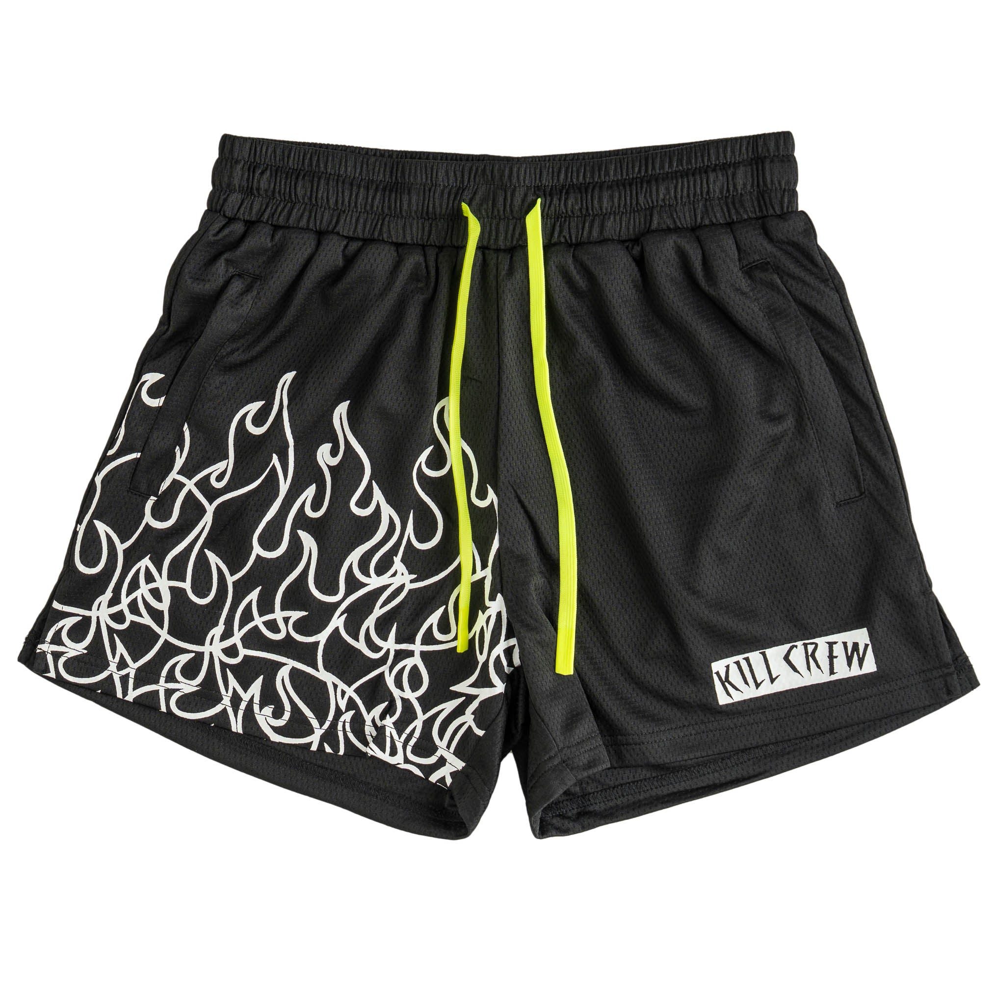 MUAY THAI FLAME SHORTS (MID THIGH CUT) - BLACK / WHITE – Kill Crew