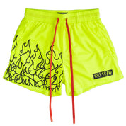 MUAY THAI FLAME SHORTS (MID THIGH CUT) - NEON YELLOW / BLACK