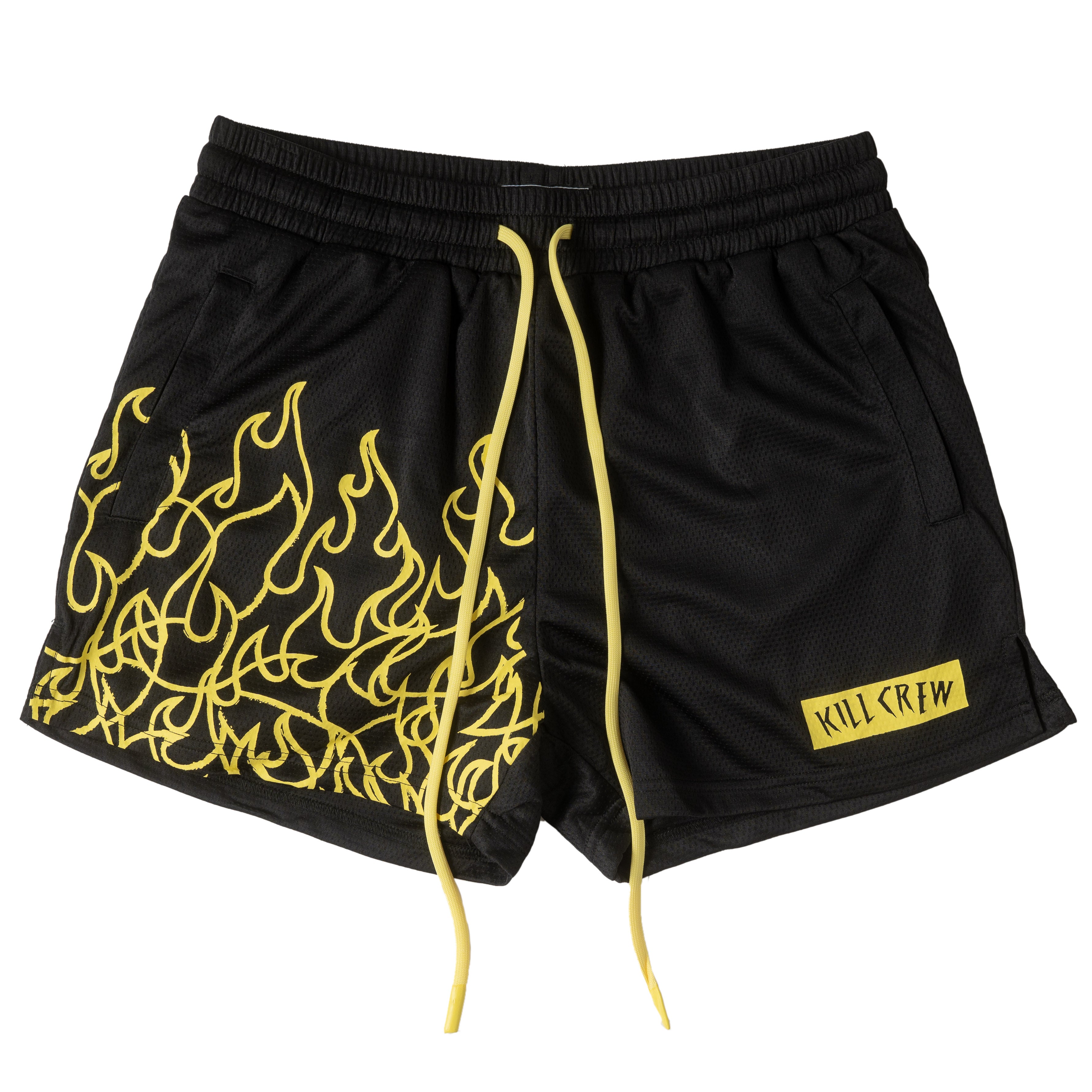MUAY THAI FLAME SHORTS (MID THIGH CUT) - BLACK / YELLOW – Kill Crew