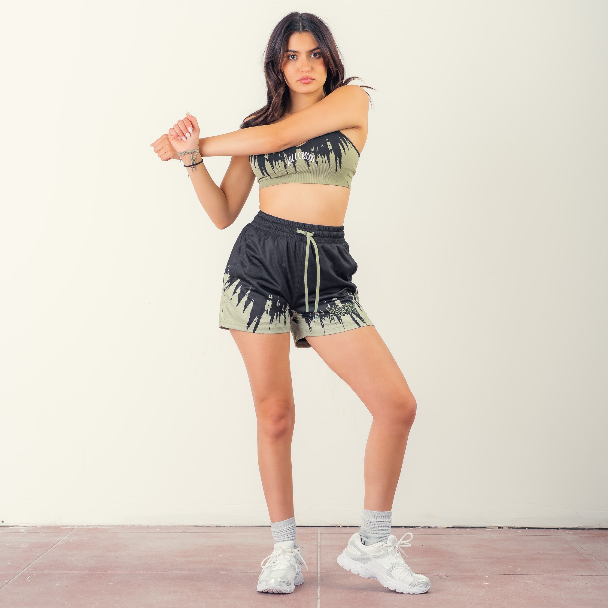 MUAY THAI SHORTS (MID THIGH CUT) SHATTER - BLACK / OLIVE