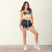 MUAY THAI SHORTS (MID THIGH CUT) SHATTER - BLACK / CREAM