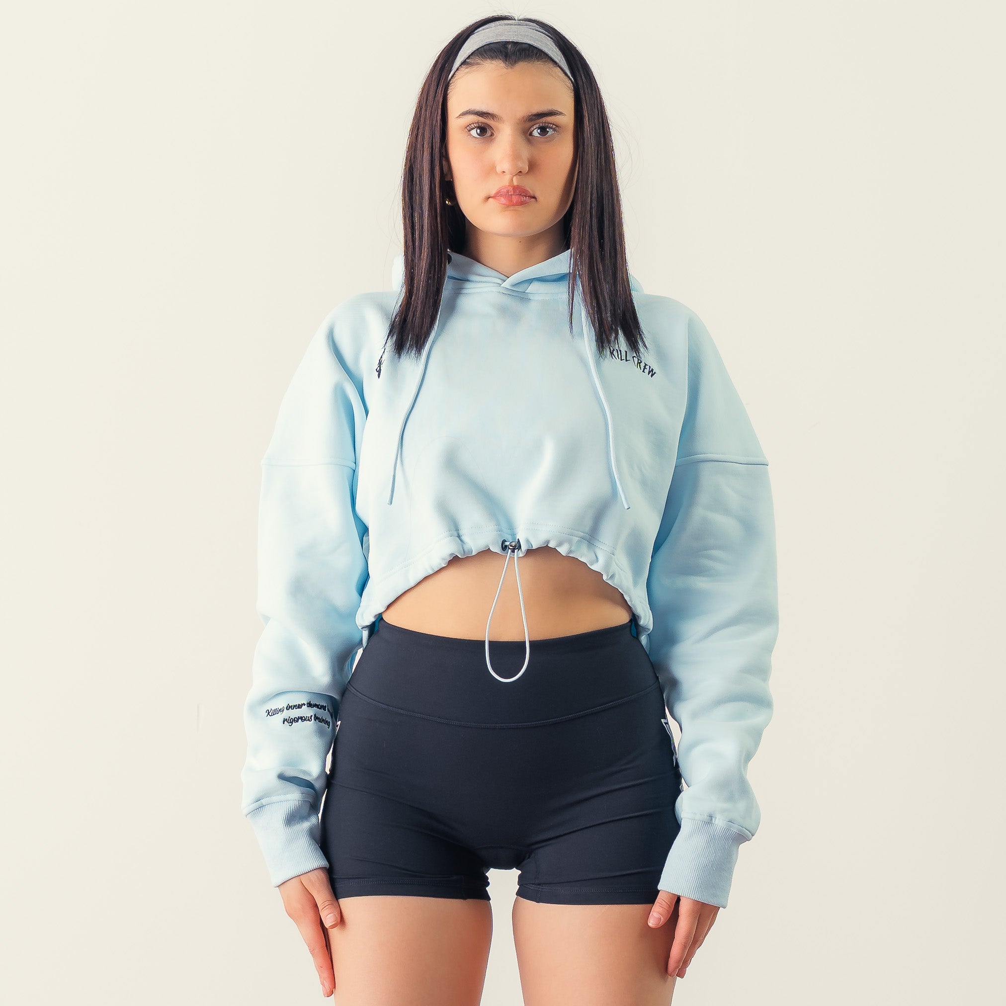 JILTU baby frill hoodie baby blue ジルチュ Cropped Hoodie Embellished With 'Angel' On Back Baby Blue Full Zip