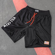 RELAXED CUT EMBROIDERED FLAG SHORTS - BLACK