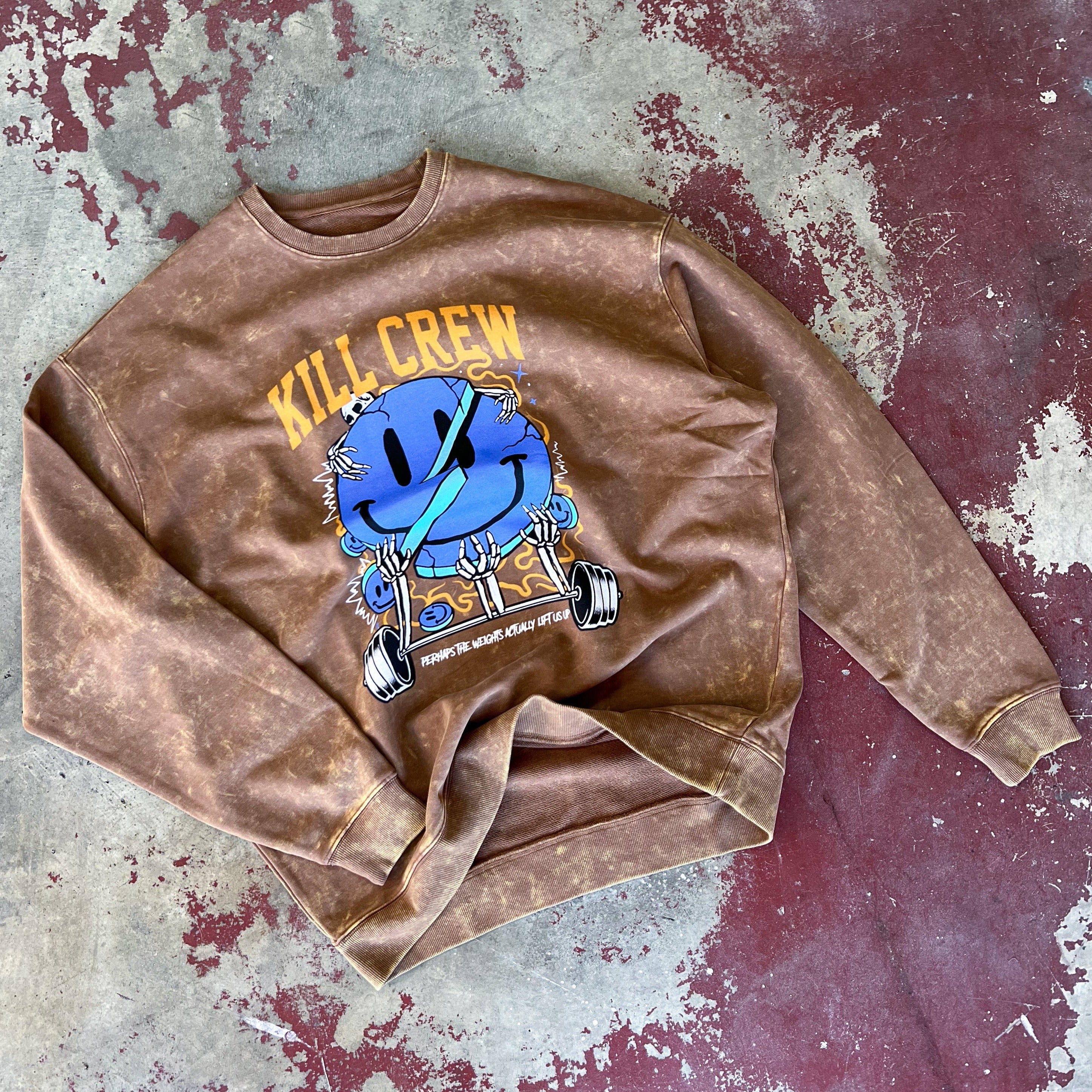 OVERSIZED LUX "WEIGHTS LIFT US UP" CREW NECK - BROWN