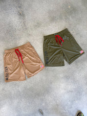 RELAXED CUT EMBROIDERED FLAG SHORTS - SAND