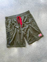 Olive Embroidered Flag Shorts with red draw cord