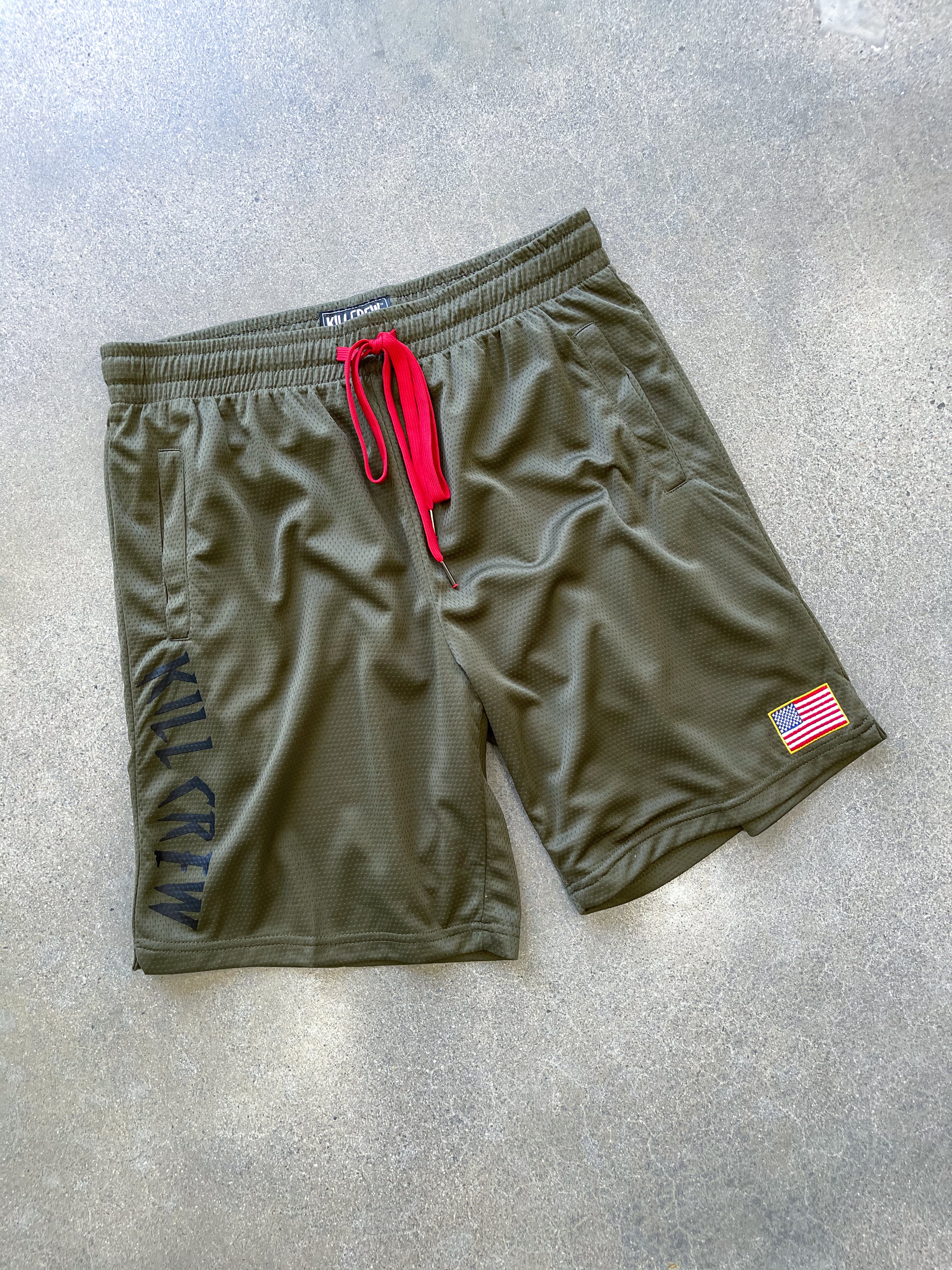 Olive Embroidered Flag Shorts with red draw cord