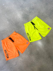 RELAXED CUT EMBROIDERED FLAG SHORTS - NEON YELLOW