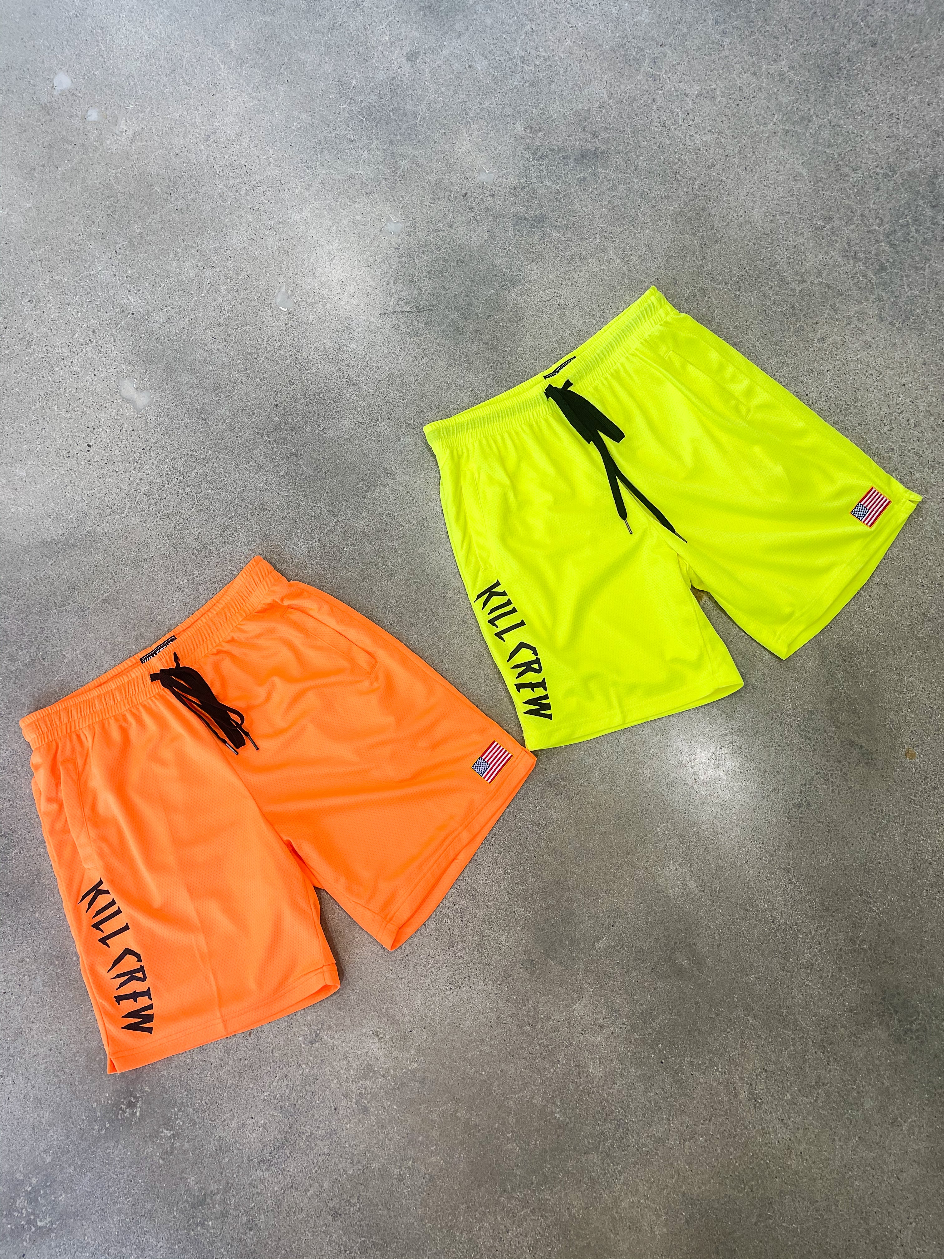 RELAXED CUT EMBROIDERED FLAG SHORTS - NEON YELLOW