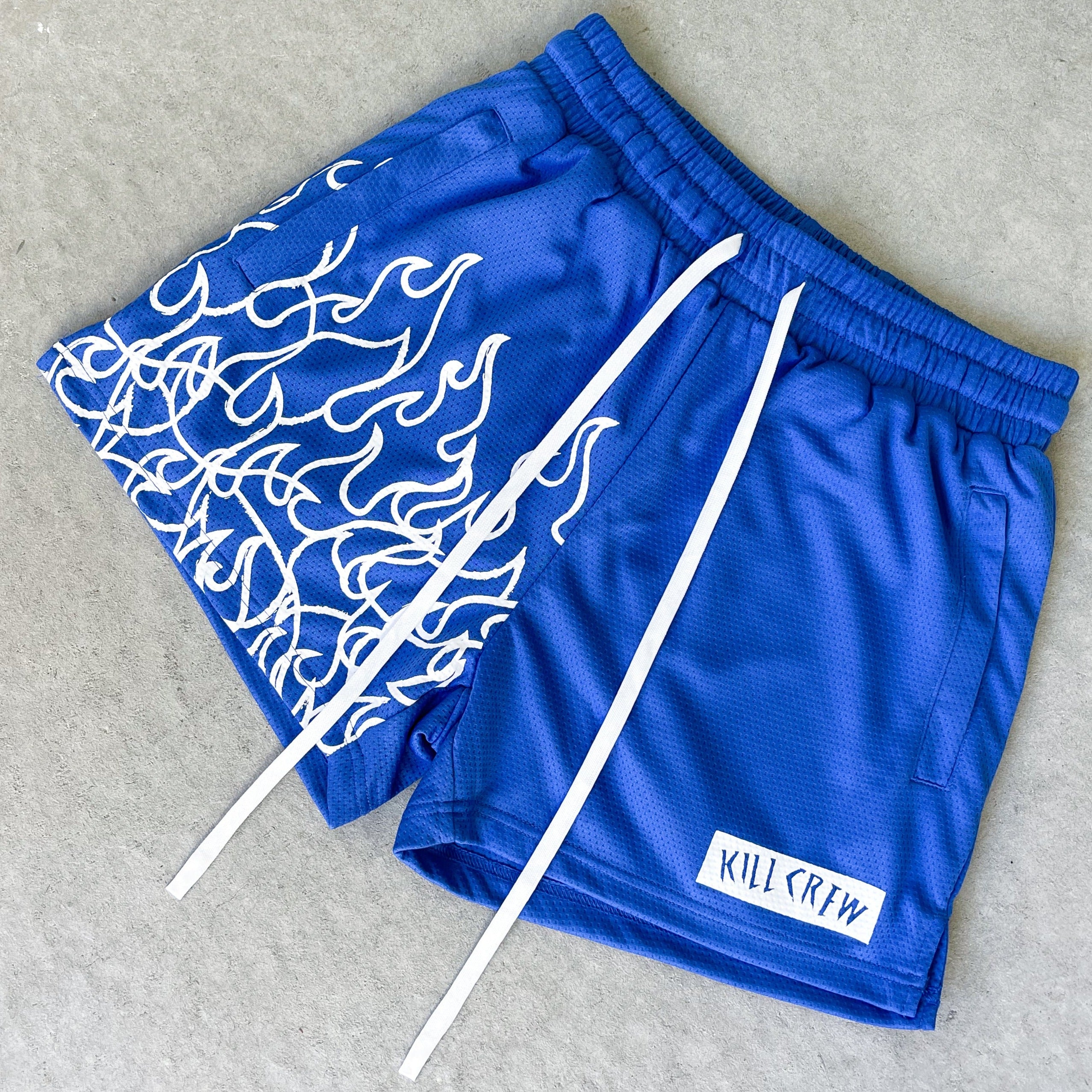 MUAY THAI FLAME SHORTS (MID THIGH CUT) - BLUE / WHITE
