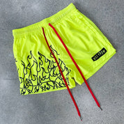 MUAY THAI FLAME SHORTS (MID THIGH CUT) - NEON YELLOW / BLACK