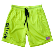 RELAXED CUT EMBROIDERED FLAG SHORTS - NEON YELLOW
