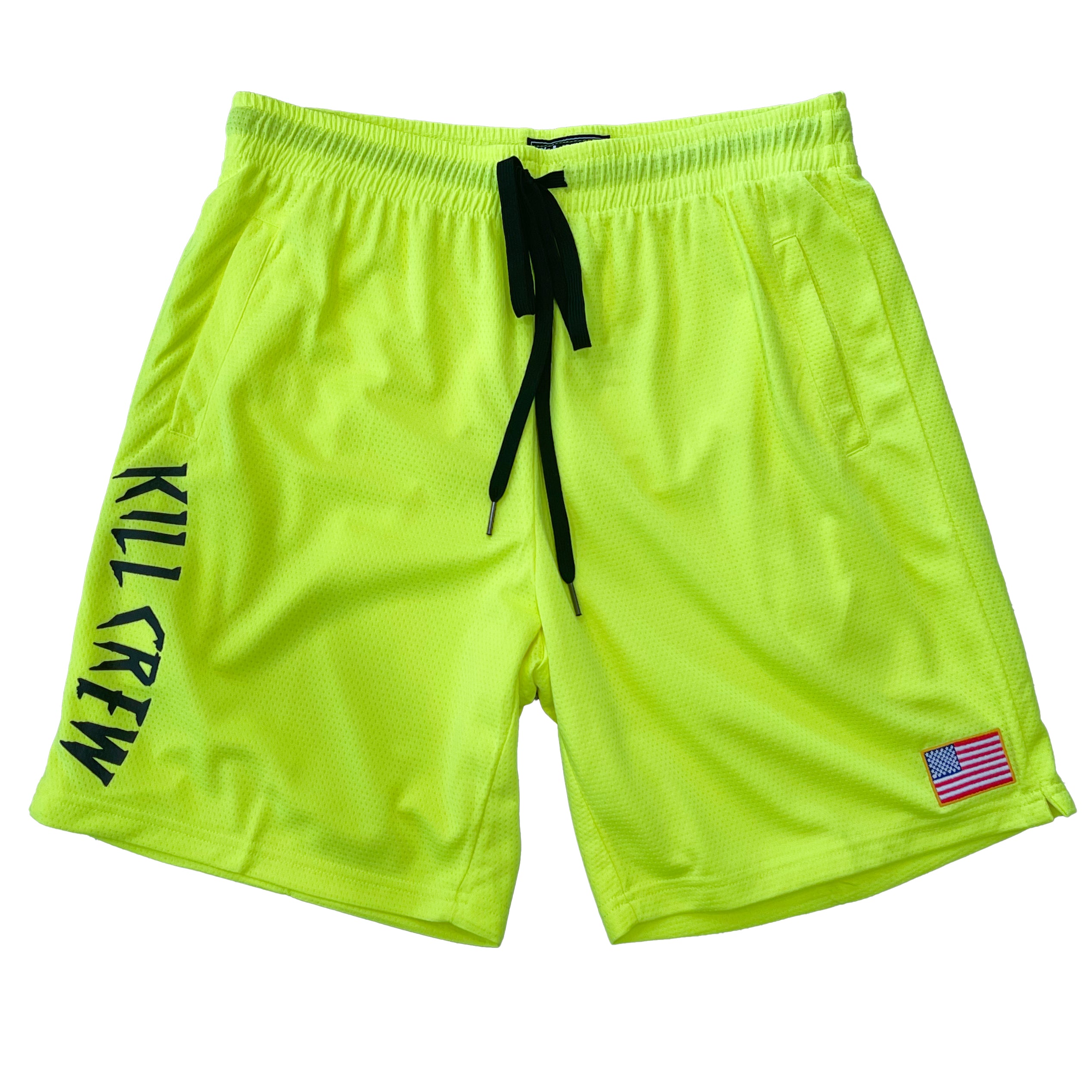 RELAXED CUT EMBROIDERED FLAG SHORTS - NEON YELLOW