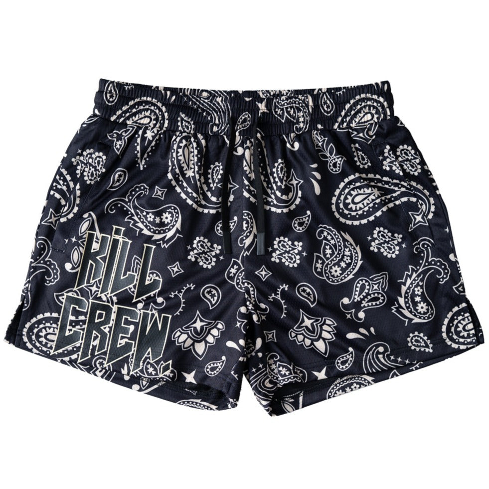 MUAY THAI SHORTS (MID THIGH CUT) BANDANA - BLACK / CREAM