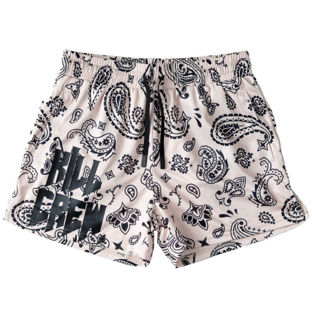 MUAY THAI SHORTS (MID THIGH CUT) BANDANA - CREAM / BLACK