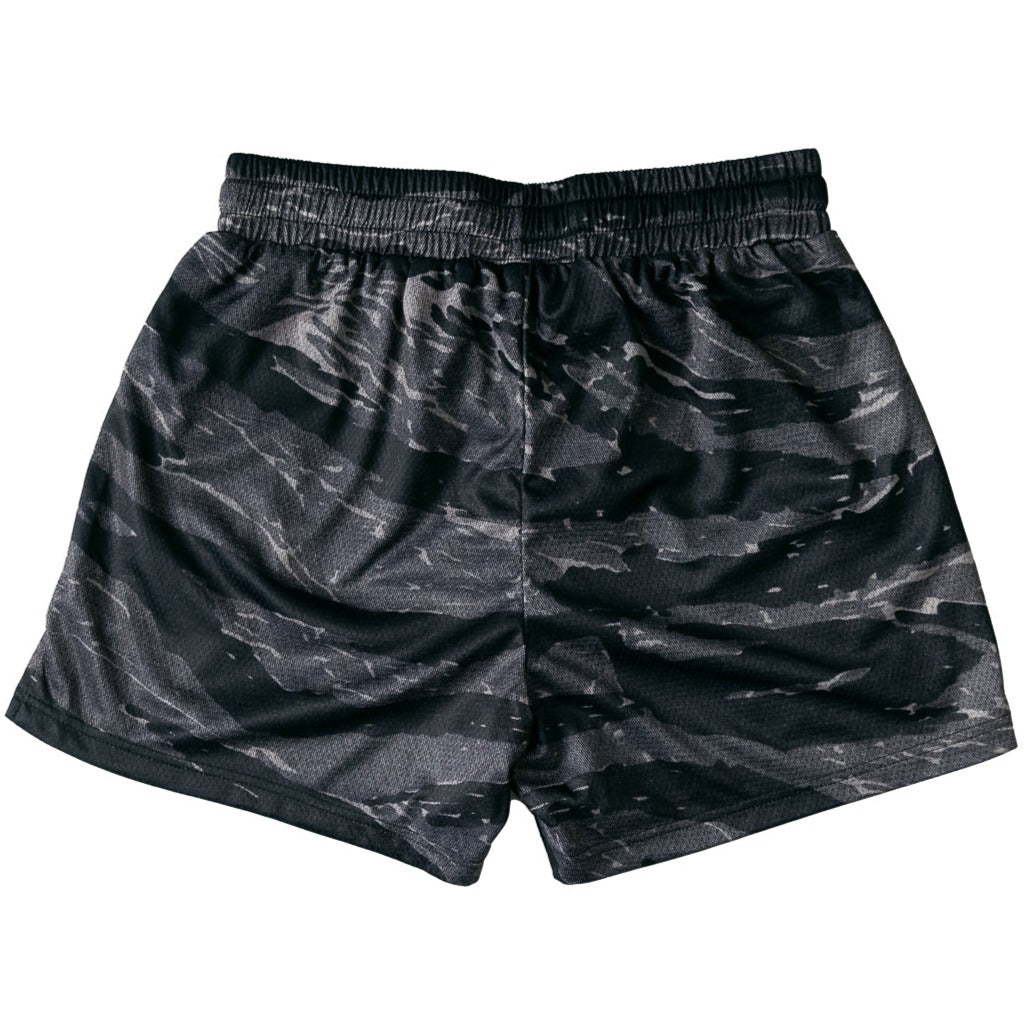 MUAY THAI SHORTS (MID THIGH CUT) - BLACK CAMO