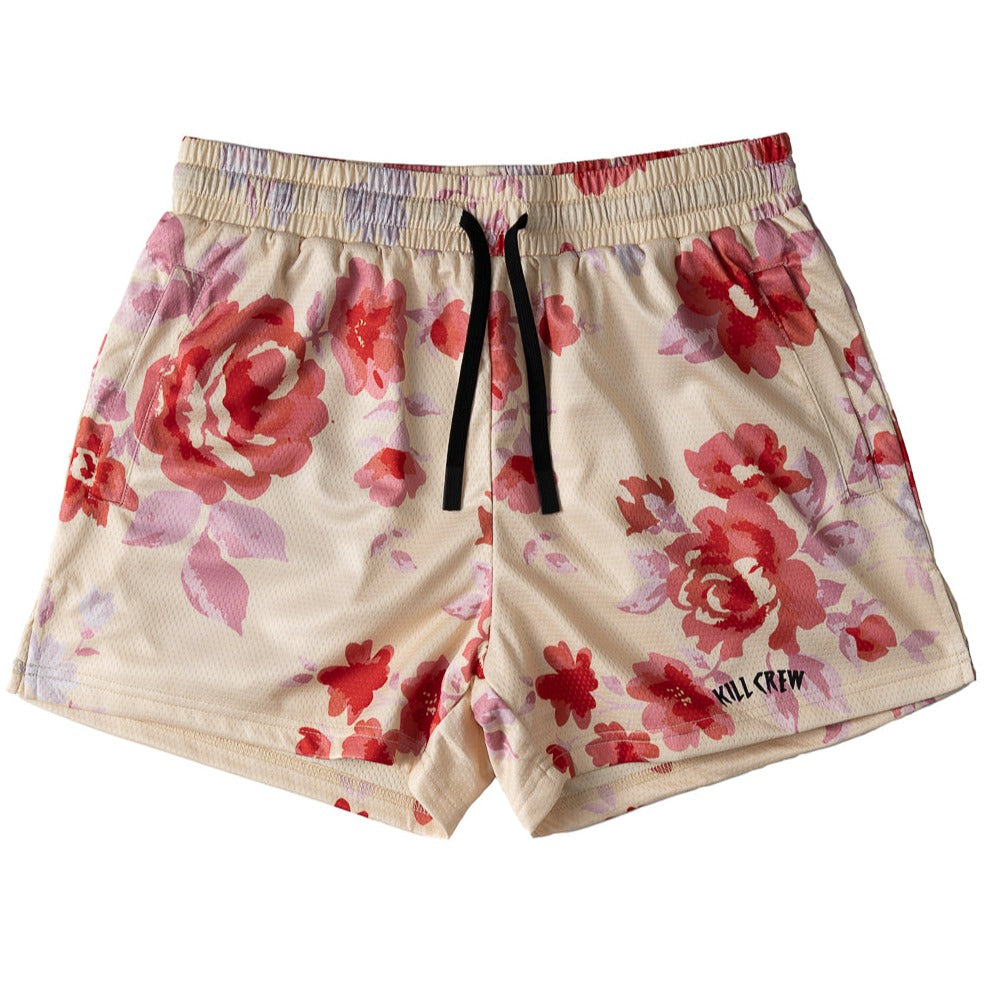 MUAY THAI SHORTS (MID THIGH CUT) FLORAL - CREAM