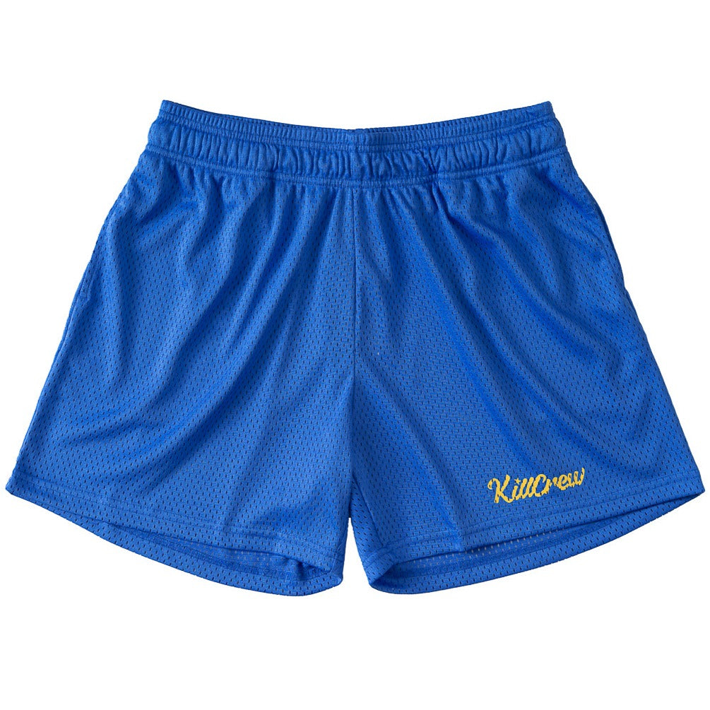 VENTED MESH SCRIPT SHORTS - BLUE / GOLD