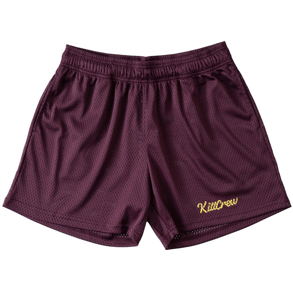 VENTED MESH SCRIPT SHORTS - MAROON / GOLD - Kill Crew