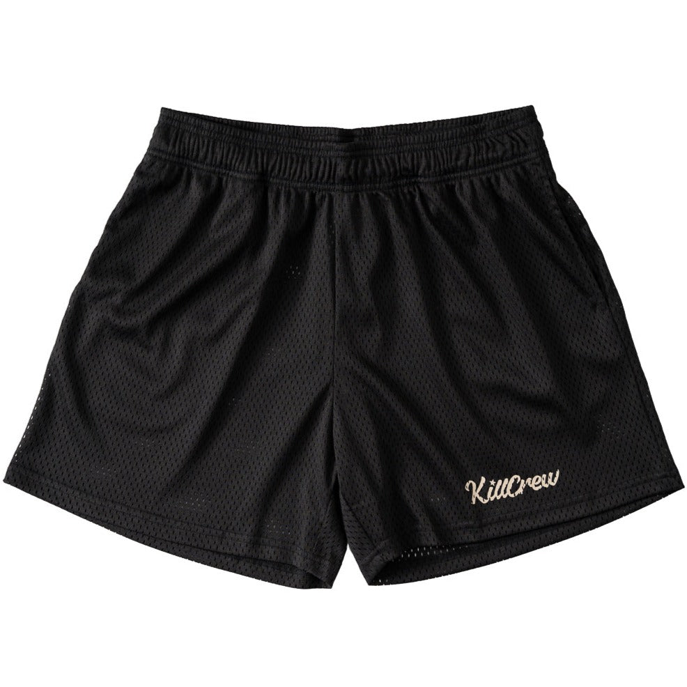 VENTED MESH SCRIPT SHORTS - BLACK / CREAM - Kill Crew