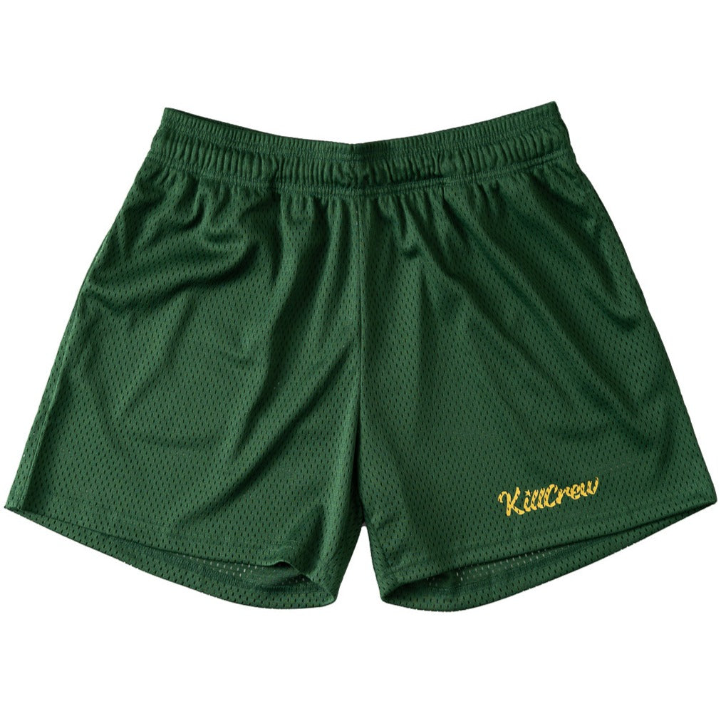 VENTED MESH SCRIPT SHORTS - GREEN / GOLD - Kill Crew