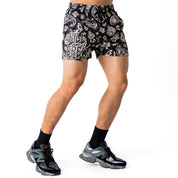MUAY THAI SHORTS (MID THIGH CUT) BANDANA - BLACK / CREAM