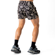 MUAY THAI SHORTS (MID THIGH CUT) BANDANA - BLACK / CREAM