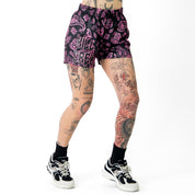 MUAY THAI SHORTS (MID THIGH CUT) BANDANA - BLACK / PINK
