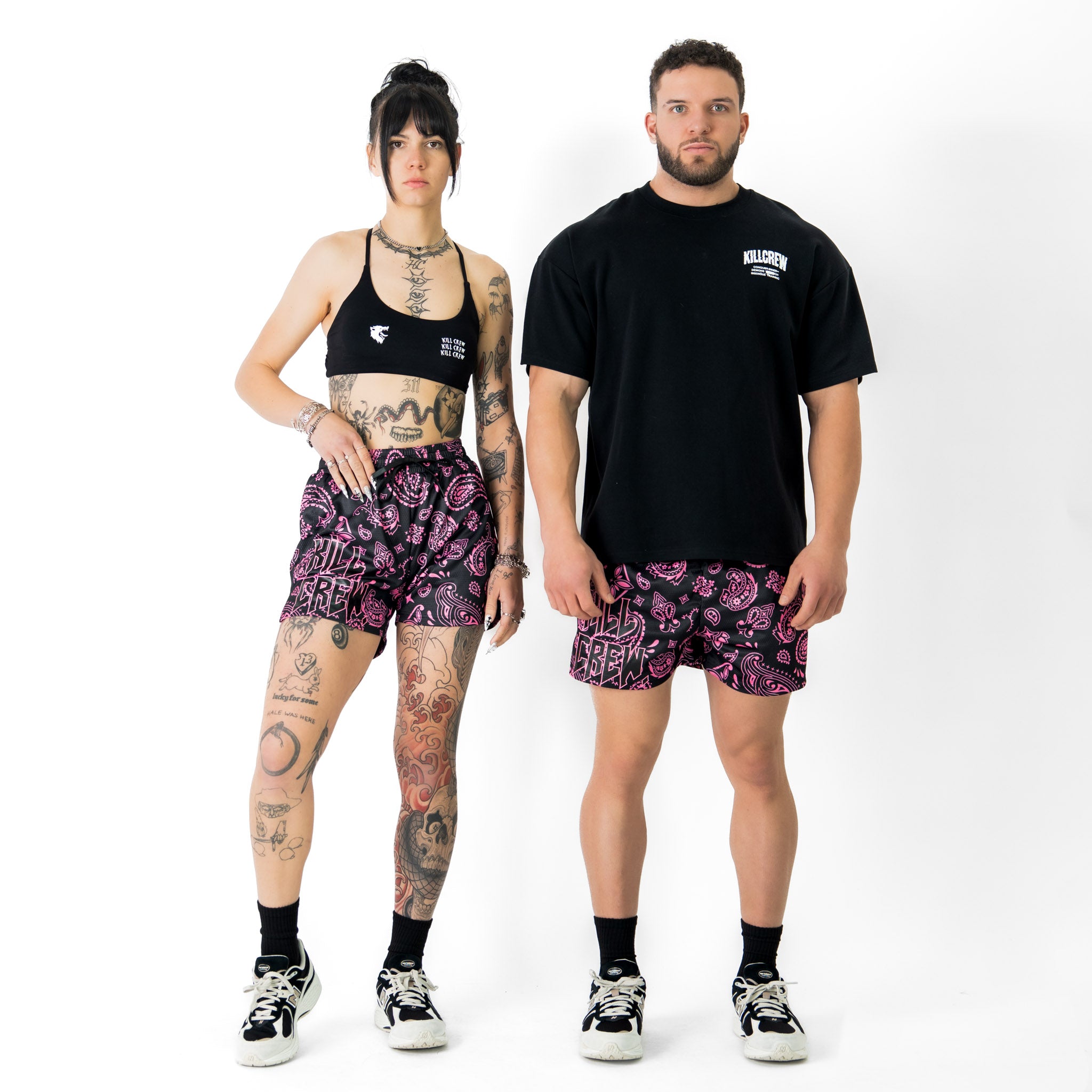 MUAY THAI SHORTS (MID THIGH CUT) BANDANA - BLACK / PINK