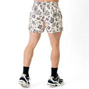 MUAY THAI SHORTS (MID THIGH CUT) BANDANA - CREAM / BLACK