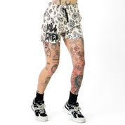 MUAY THAI SHORTS (MID THIGH CUT) BANDANA - CREAM / BLACK