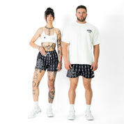 BARBWIRE MUAY THAI SHORTS (MID THIGH CUT) - BLACK / WHITE