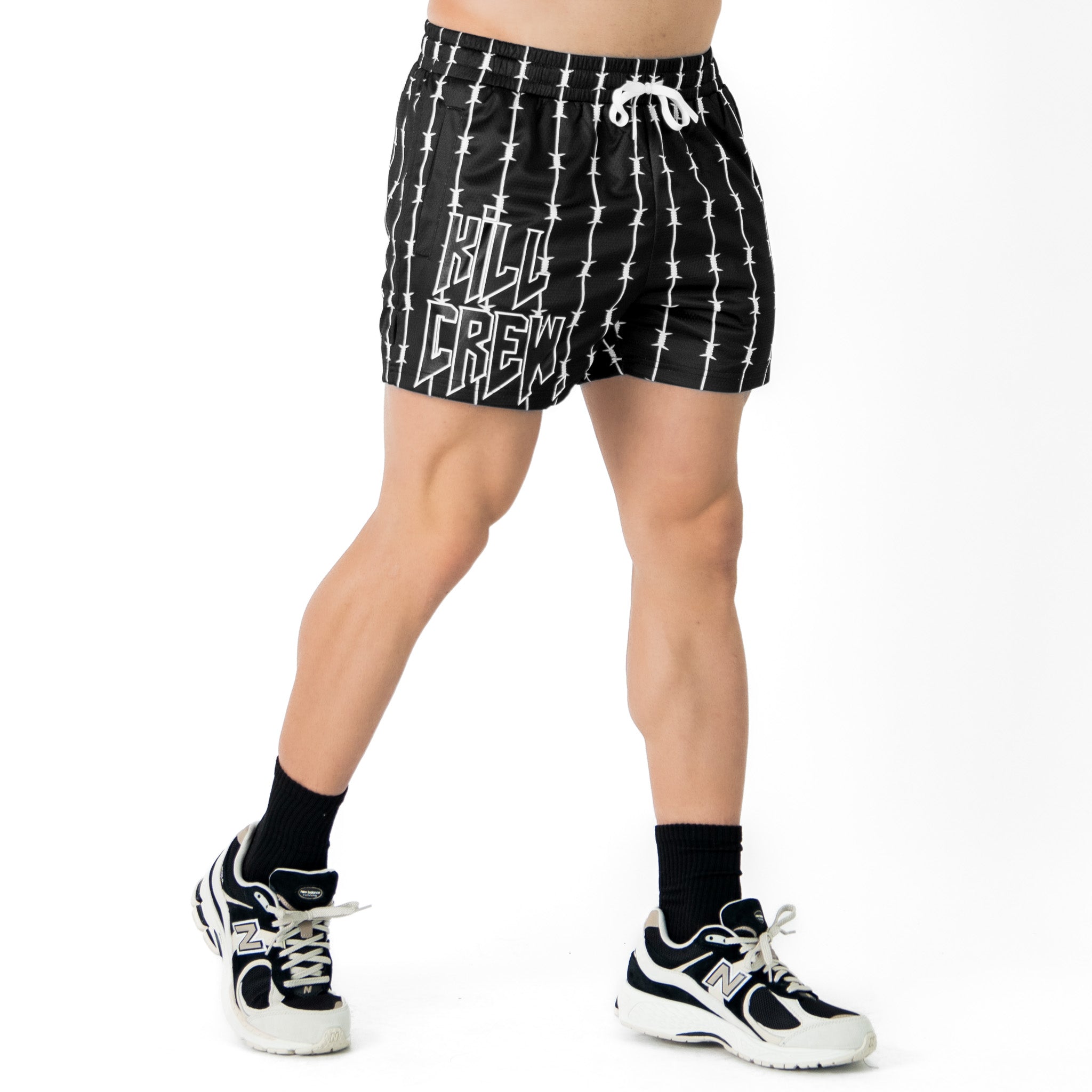 BARBWIRE MUAY THAI SHORTS (MID THIGH CUT) - BLACK / WHITE