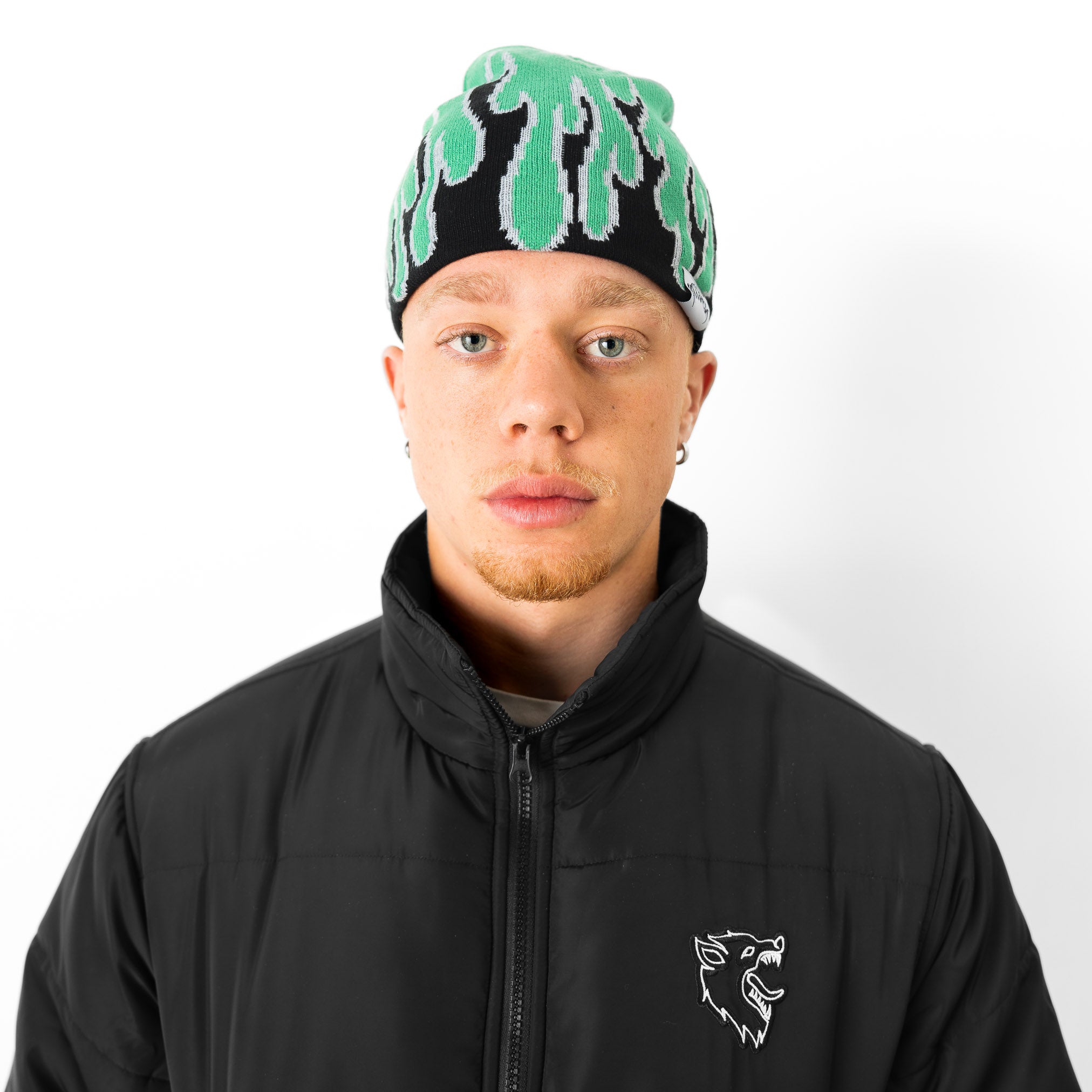 FLAME SKULL CAP BEANIE - GREEN / BLACK