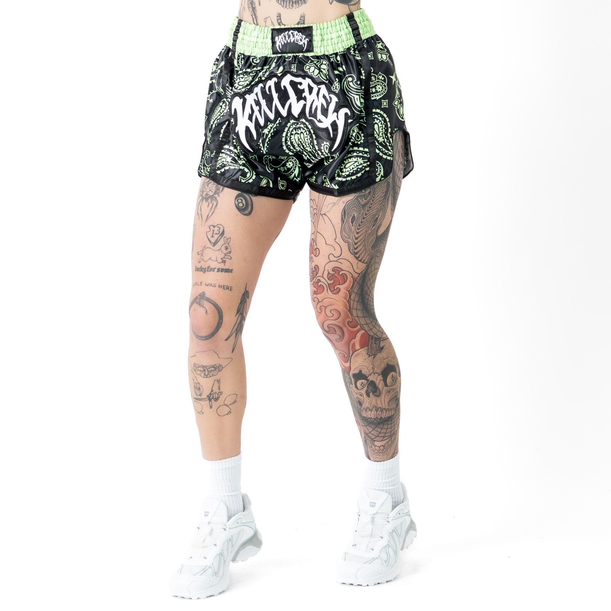 BANDANA FIGHT SHORTS - BLACK / NEON GREEN