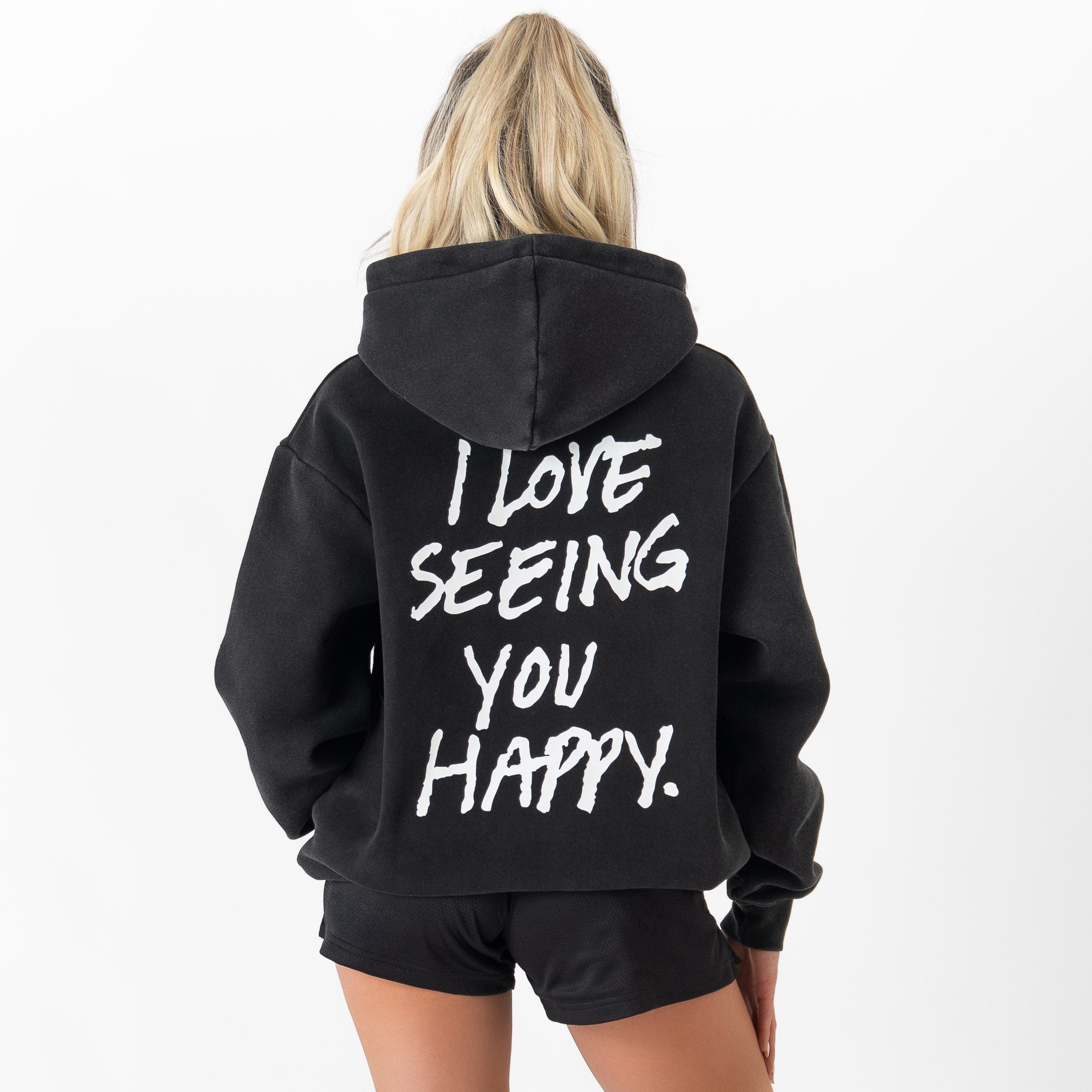 OVERSIZED LUX HOODIE "LOVE SEEING YOU HAPPY" - BLACK / WHITE