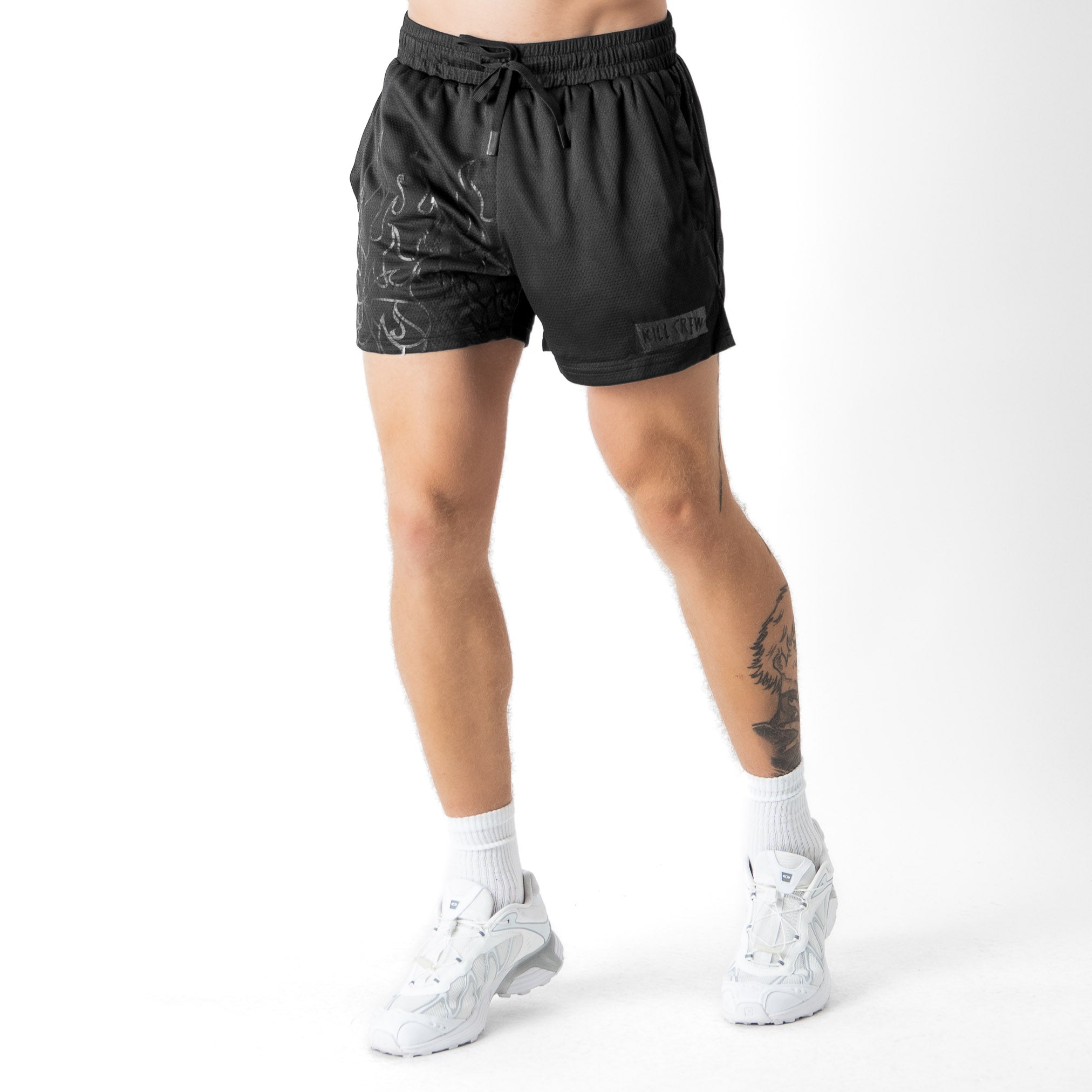 MUAY THAI FLAME SHORTS (MID THIGH CUT) - BLACKOUT