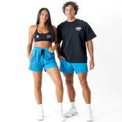 MUAY THAI SHORTS (MID THIGH CUT) - HIGHLIGHTER BLUE