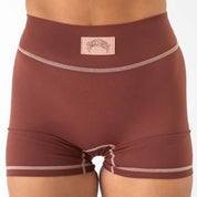 MID RISE COLOR BLOCK BIKER SHORT - BROWN