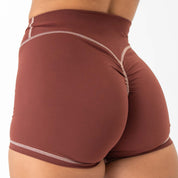 MID RISE COLOR BLOCK BIKER SHORT - BROWN