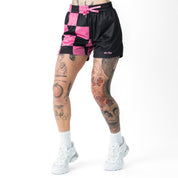 MUAY THAI SHORTS (MID THIGH CUT) CHECKER - BLACK / PINK